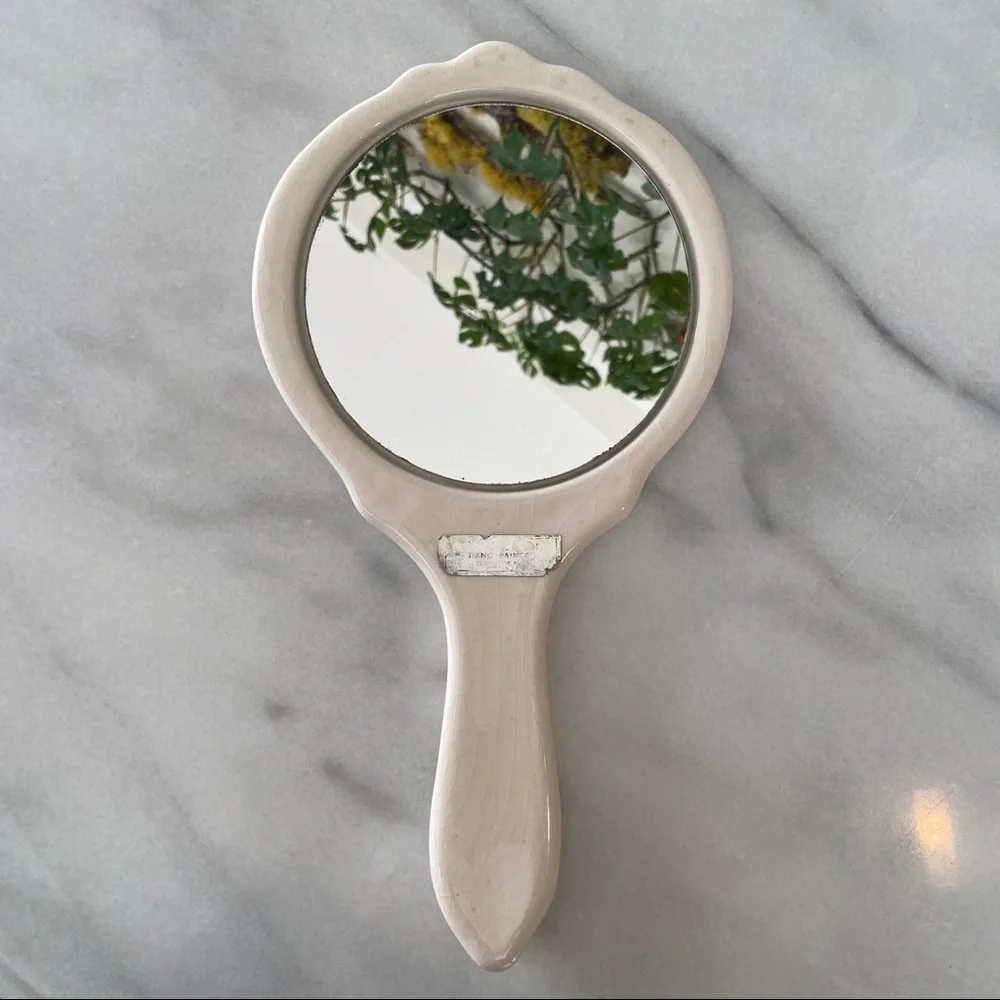 VINTAGE •Cottagecore Ceramic Hand-mirror Floral Hand Painted Vanity Antique